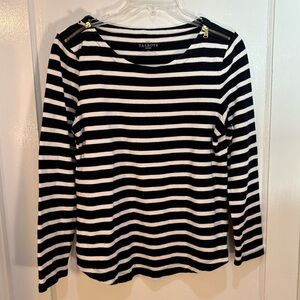 Talbots Women's Med Petite Blue & Whte Striped Long Slv Zipp Should 100% Cotton